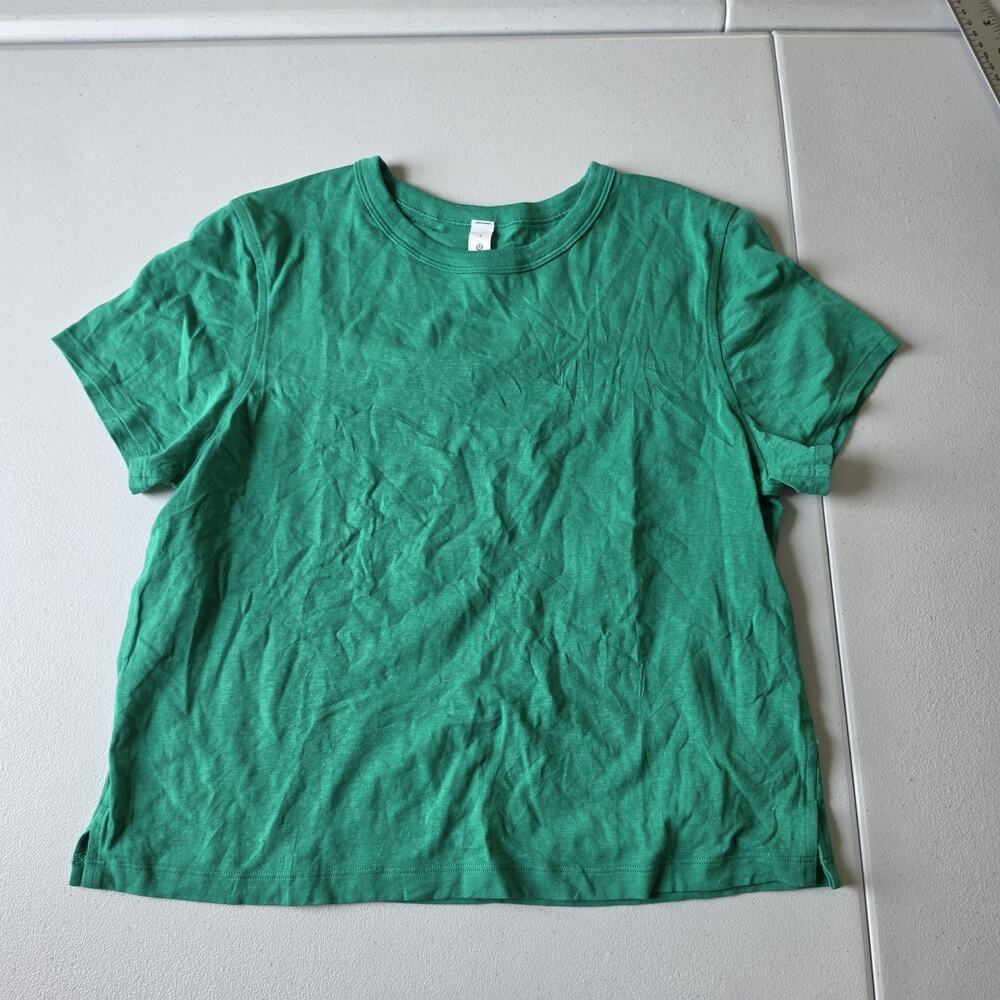 Lululemon Shirt Womens 4 Green Short Sleeve Crew Neck Linen Blend Jersey LW3FGDS
